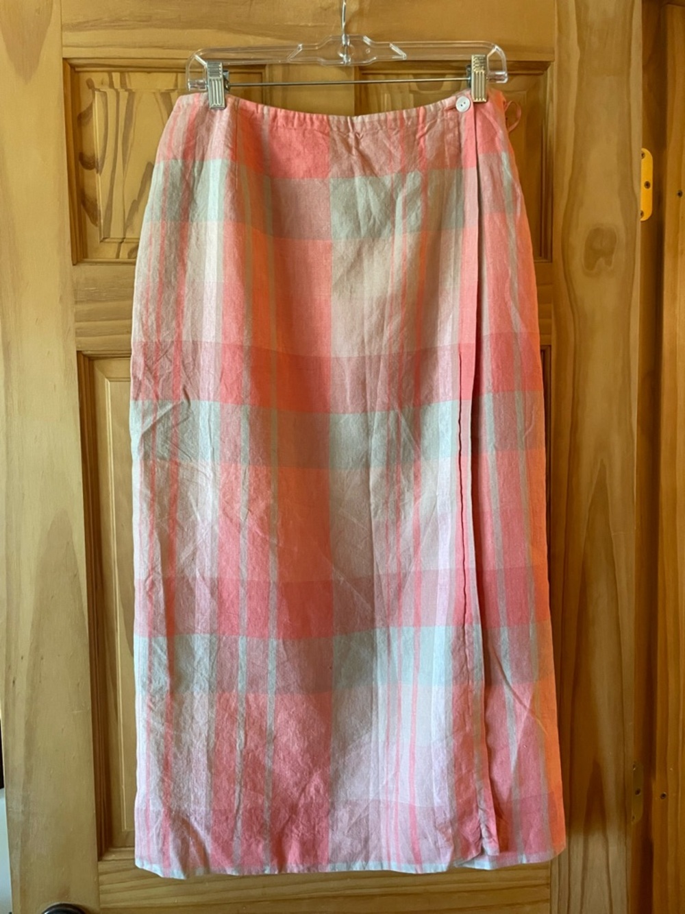 100% Linen Coral and Cream Plaid Midi Wrap Skirt with Side Button Fully Lined